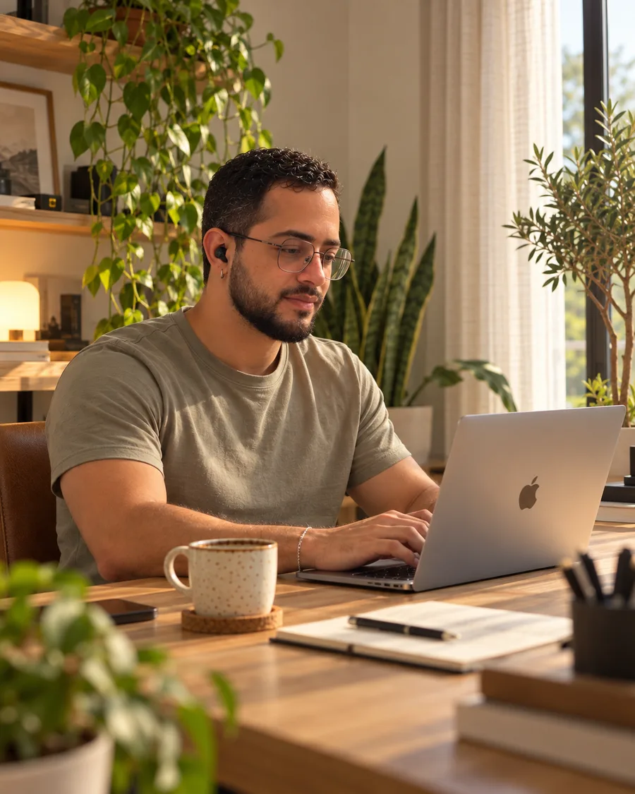 Philipe Silva working on his laptop in a studio full of plants